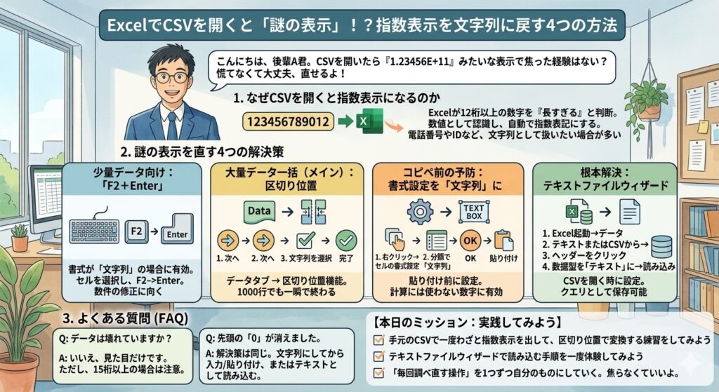 エクセルの指数表示解除を後輩A君に教える先輩のイラスト