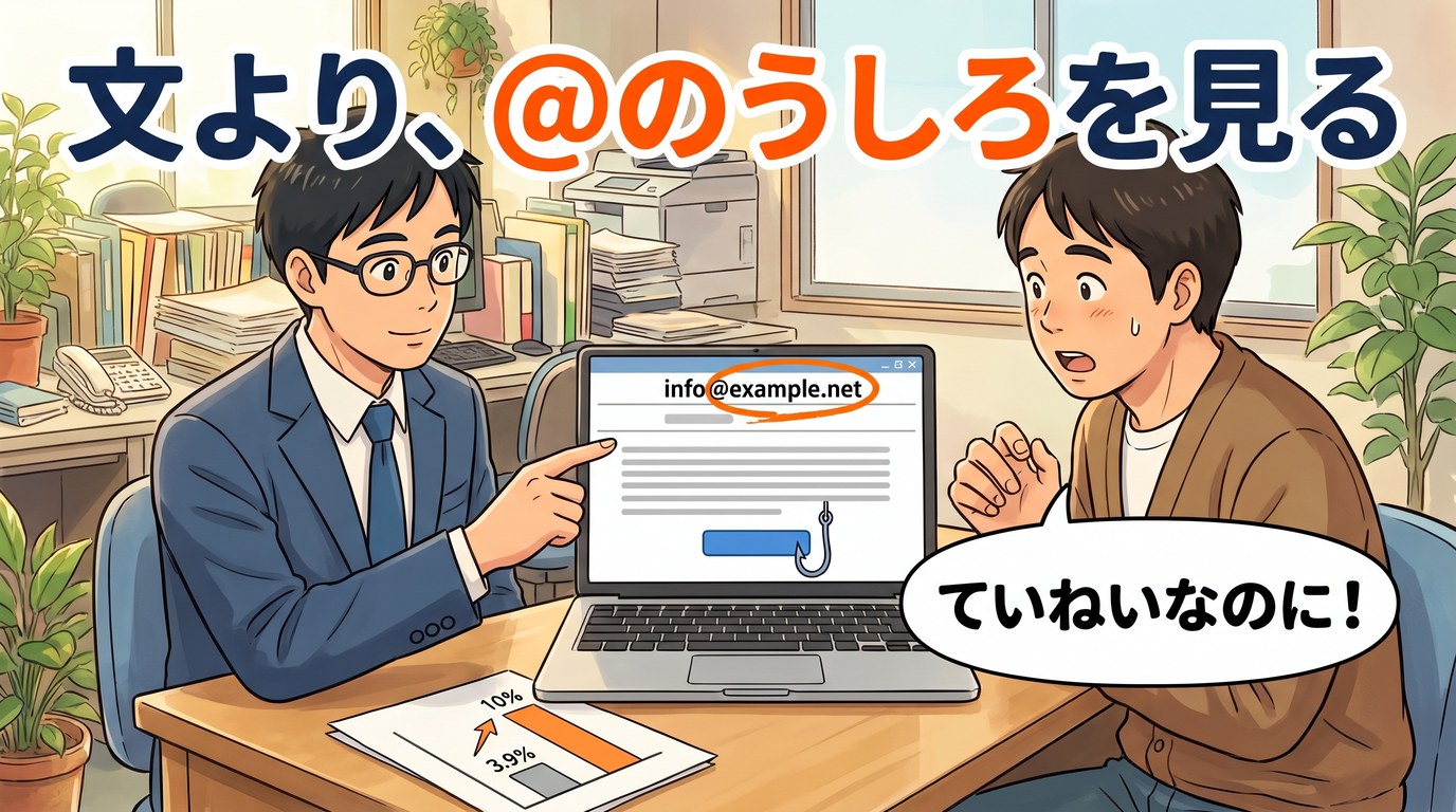 差出人のアドレスの@のうしろを指差す先輩と、「ていねいなのに！」と驚く後輩A君。手前の紙には、リンクを押した人が3.9％から10％に増えた棒グラフ