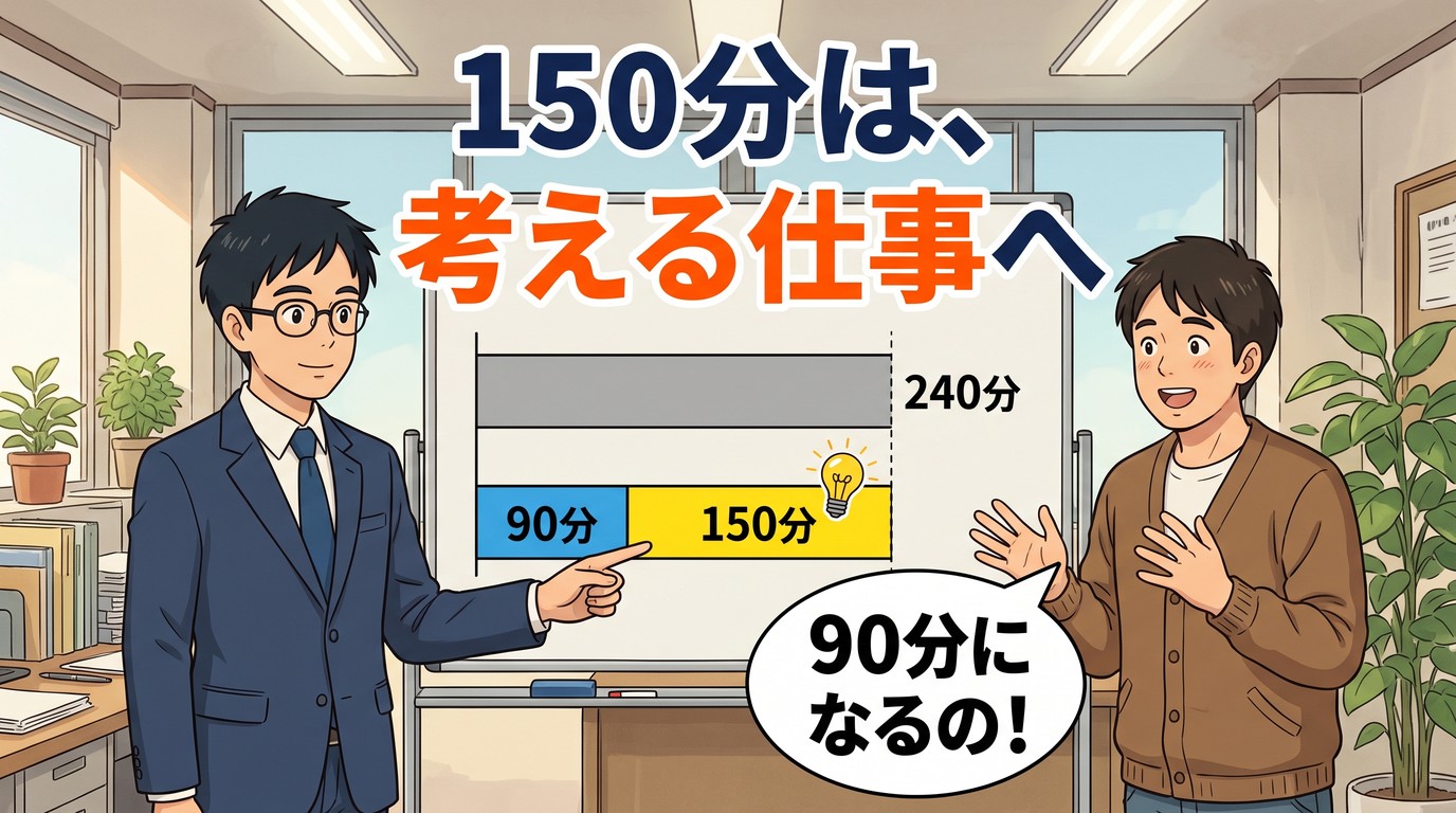 ホワイトボードの棒グラフで240分が90分に。浮いた150分に電球。キャッチは「150分は、考える仕事へ」