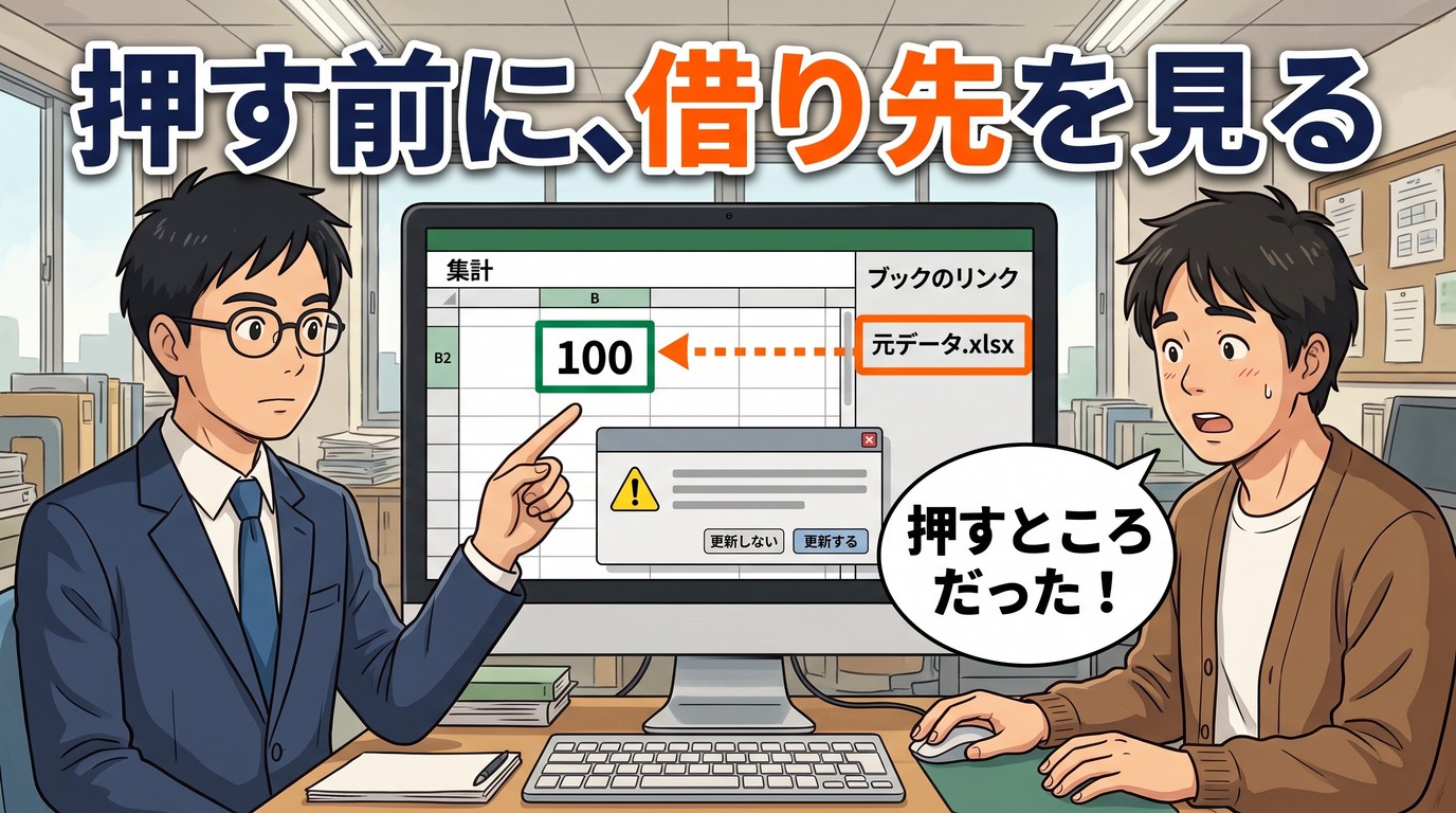 集計のB2の100へ、ブックのリンクの元データ.xlsxから点線の矢印。キャッチは「押す前に、借り先を見る」