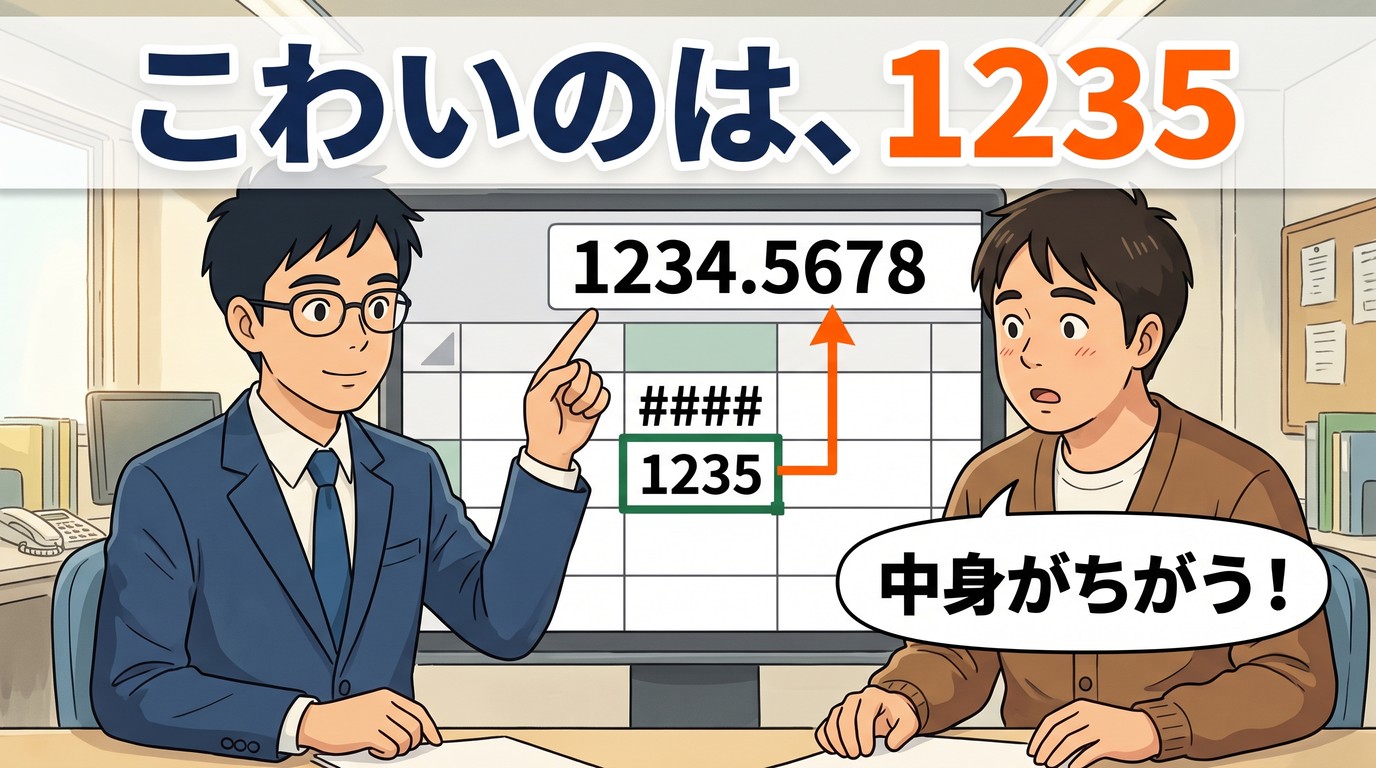 セルの見た目は1235、数式バーの中身は1234.5678。キャッチは「こわいのは、1235」