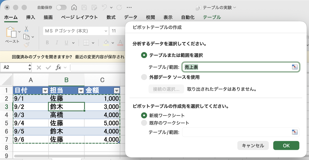 テーブルにした表からピボットテーブルの作成を開くと、テーブル/範囲に売上表と名前が入っている
