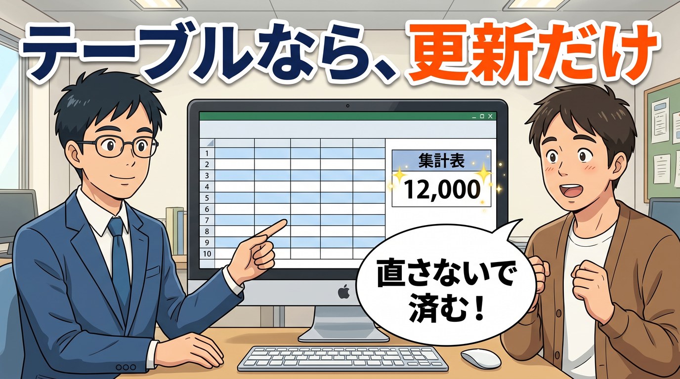 テーブルなら更新だけ。伸びた表を指差す先輩と、直さないで済むと喜ぶ後輩A君