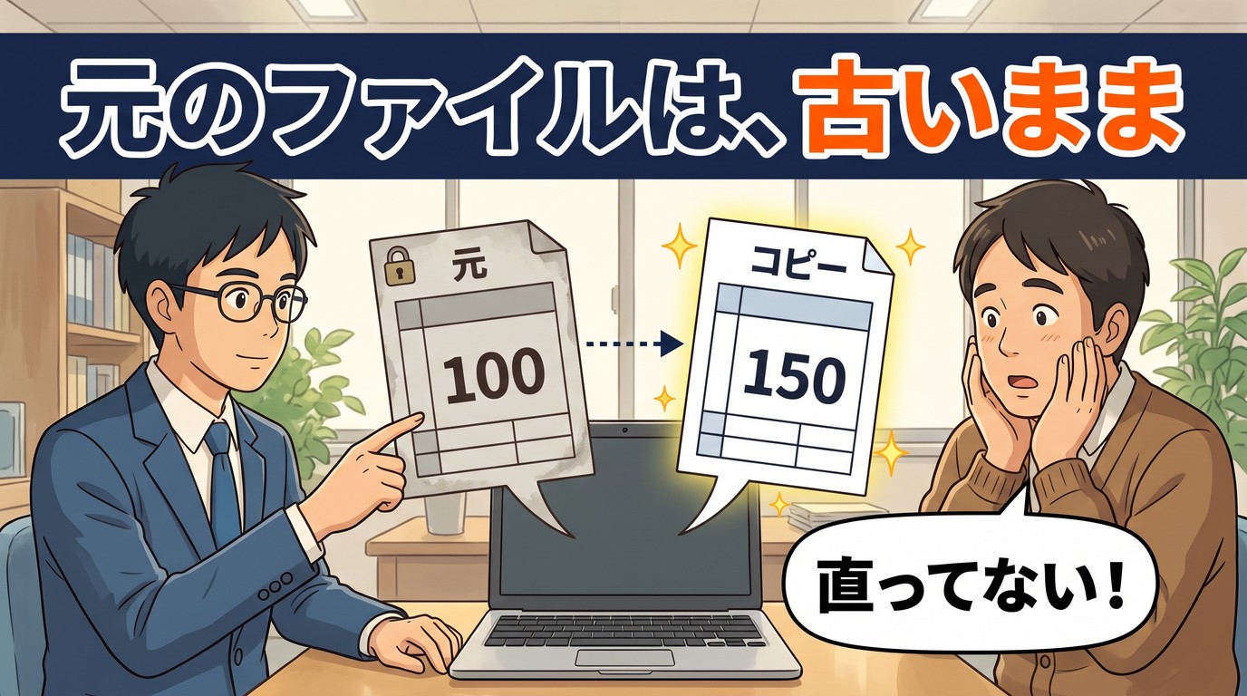 元の紙は100のまま、コピーの紙は150。キャッチは「元のファイルは、古いまま」