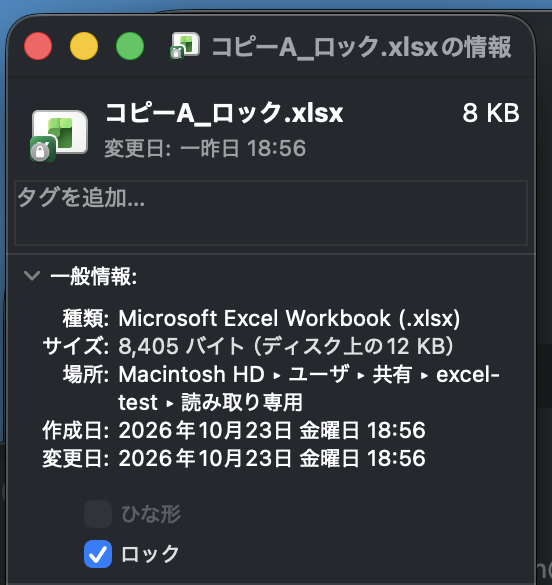 Finderの「コピーA_ロック.xlsxの情報」の窓。「一般情報」の下にある「ロック」にチェックが入っていて、ファイルのアイコンにかぎの形の小さな印が付いている