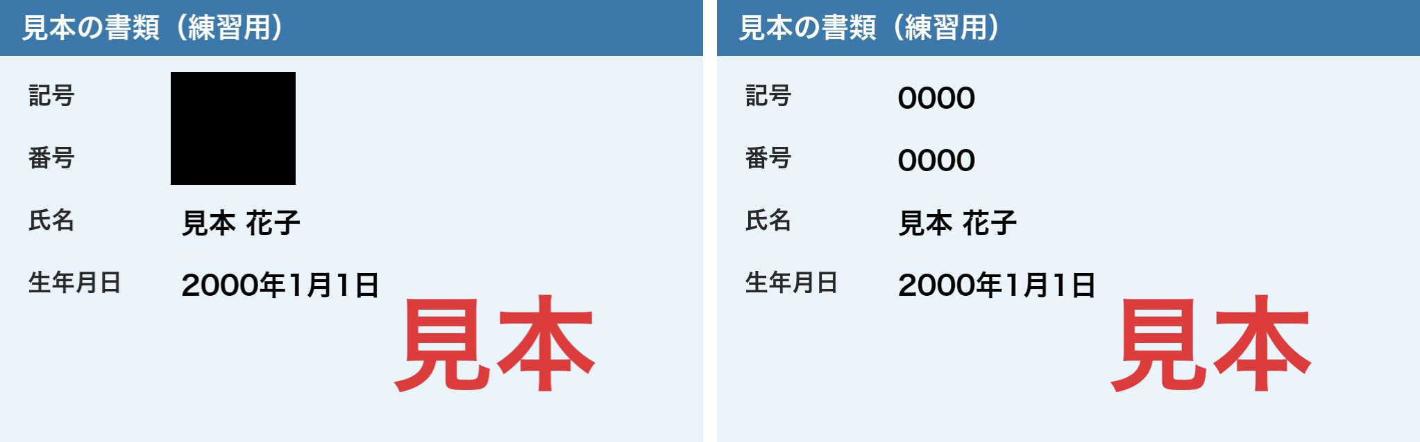 左は見た目で記号と番号が黒い四角で隠れている。右は同じPDFの中から取り出した画像で、記号0000と番号0000が見えている