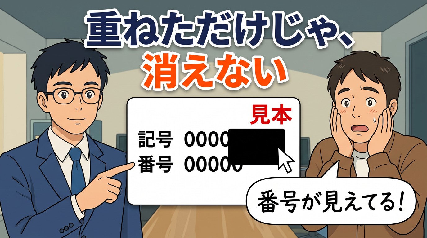 黒い四角がずれて、見本カードの記号0000が見えている。キャッチは「重ねただけじゃ、消えない」