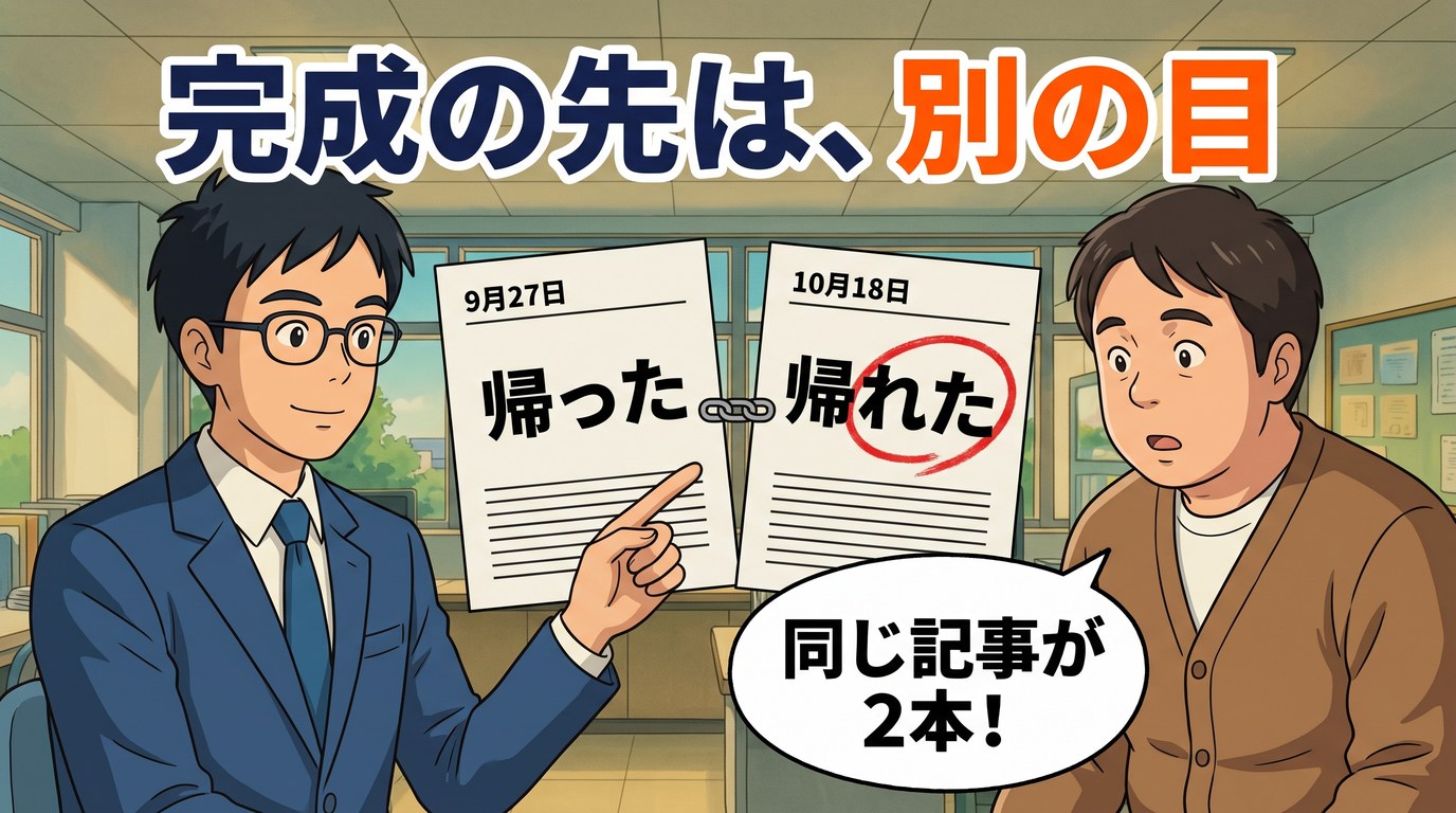 完成の先は別の目。帰ったと帰れたの2枚の記事を指差す先輩と、同じ記事が2本と驚く後輩A君
